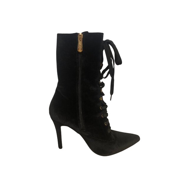 Cape Robbin Velvet Stiletto Victorian Lace up Boots with Pink Embroidered Roses - Picture 6 of 13